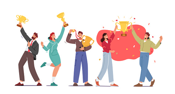 Business Team Project Success. Group of People Characters Holding Golden Goblet or Cups Celebrate Victory, Winners Prize and Award. Teamworking and Company Growth Concept. Cartoon Vector Illustration