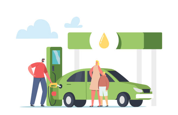 ilustrações de stock, clip art, desenhos animados e ícones de worker pump eco petrol, gasoline for charging auto to woman with child. character refueling car with biofuel on station - gasoline electricity biofuel car