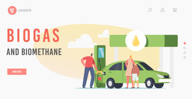 illustrazioni stock, clip art, cartoni animati e icone di tendenza di modello di landing page biogas e biometano. operaio pompa eco benzina, biodiesel riempie auto a donna con bambino - gasoline electricity biofuel car