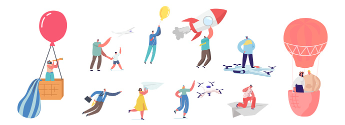 Set of People with Fly Transport. Male and Female Characters Flying on Hot Air Balloon, Riding Rocket Engine or Airplane, Quadcopter, Jet Pack Isolated on White Background. Cartoon Vector Illustration