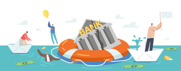 Bankruptcy Concept. Businesspeople Characters Swim around Sinking Bank Building on Lifebuoy Trying to Survive in Crisis Bankruptcy Concept. Businesspeople Characters Swim around Sinking Bank Building on Lifebuoy Trying to Survive during Financial Crisis. People on Paper Ships and Balloon. Cartoon Vector Illustration sinking boat stock illustrations