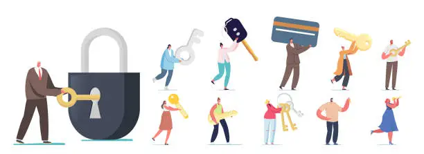Vector illustration of Set of People with Different Keys. Tiny Male and Female Characters Holding Electronic Card, Open Huge Lock, Digital Key