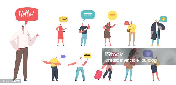 istock Set of People with Speak Banners. Male and Female Characters with Different Speech Bubbles or Clouds Hola, Looser 1302155690