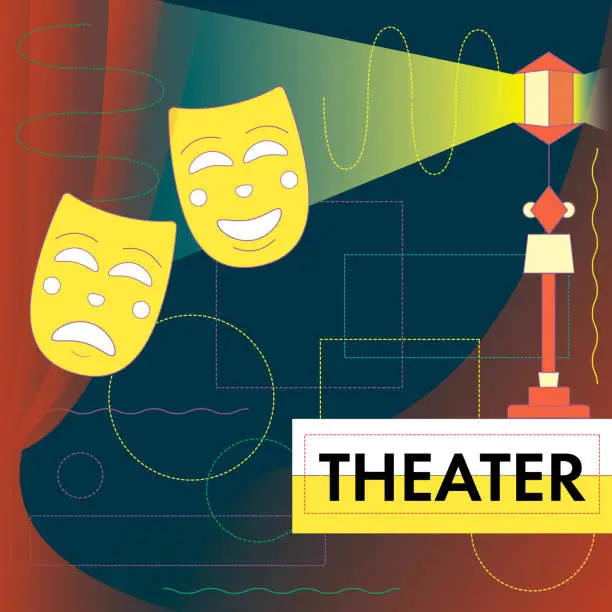 Vector illustration of Theater Playbill Infographics. Graphic Representation of the Theater Stage. Theatrical performance. Curtains, Soffits and Masks.