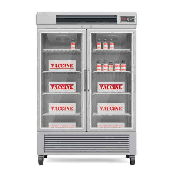 istock Vaccine fridge with ampoules, 3D rendering isolated on white background 1302161278