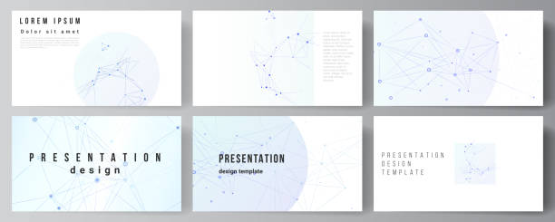 Vector layout of presentation slides design business templates, multipurpose template for presentation brochure, brochure cover, report. Blue medical background with connecting lines and dots, plexus. Vector layout of presentation slides design business templates, multipurpose template for presentation brochure, brochure cover, report. Blue medical background with connecting lines and dots, plexus powerpoint template stock illustrations
