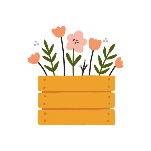 Vector illustration of Box of Gardening tools Planting and growing element Wooden box with spring flowers bouquet illustration