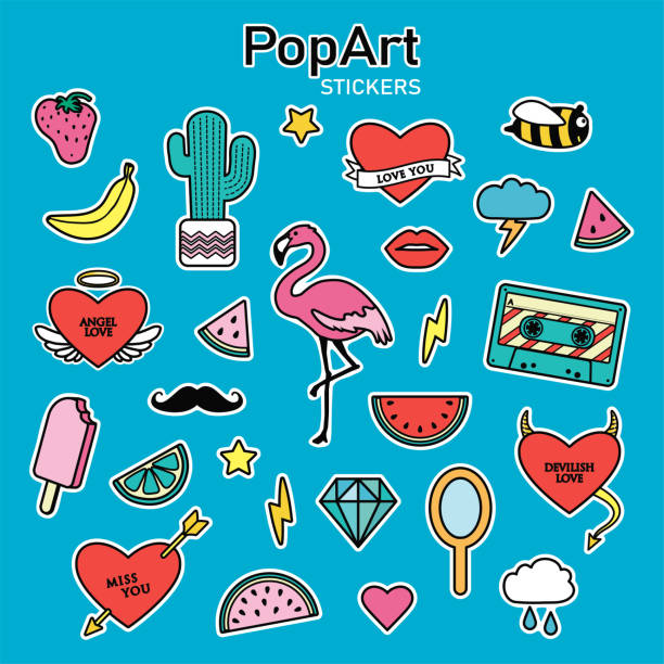 zestaw naklejek wektorowych w stylu pop-art - human mouth audio stock illustrations