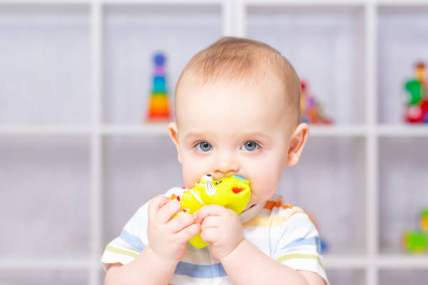 istock Caucasian baby boy playing with yellow cat. 1302175726