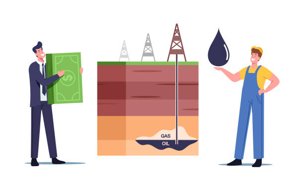 biznesmen i pracownik znaki change oil na pieniądze na platformie przekroju z rig wydobycia ropy naftowej lub gazu formacji - fracking oil rig industry exploration stock illustrations