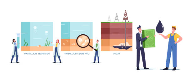 illustrazioni stock, clip art, cartoni animati e icone di tendenza di infografica sulla formazione del petrolio con piccoli personaggi scienziati che presentano le fasi del processo sulla linea del tempo. sedimenti fossili - fracking exploration gasoline industry