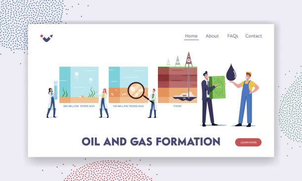 szablon strony docelowej formacji ropy naftowej i gazu. naukowcy postacie przedstawiające czas linii kopalnych osadów - fracking oil rig industry exploration stock illustrations