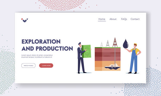 リソース探索と運用のランディング ページ テンプレート。ビジネスマンと労働者のキャラクターは、お金に油を変更します - fracking oil rig industry exploration点のイラスト素材／クリップアート素材／マンガ素材／アイコン素材