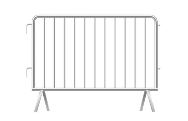 istock Grey metallic fence. Urban portable metal barrier isolated on white background 1302175949
