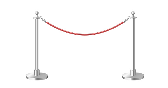 Control barrier with red rope on silver stanchions. Realistic 3d template element isolated. Exclusive event, movie premiere, gala, ceremony, awards concept. Vector illustration.