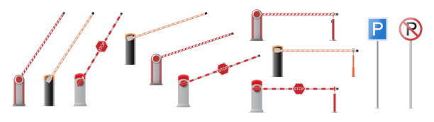 illustrations, cliparts, dessins animés et icônes de ensemble de barrière ouverte et fermée de voiture de stationnement avec l’arrêt et les signes de stationnement d’isolement sur le fond blanc - car road highway open