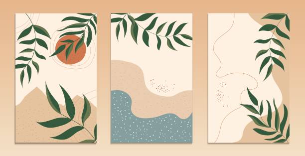 illustrazioni stock, clip art, cartoni animati e icone di tendenza di set di sfondi naturali moderni astratti - vendita estiva, contenuti promozionali sui social media. foglie, sonde, mare, spiaggia e montagne. design per poster, carta, invito - sand clean beach sea