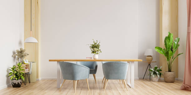 Modern dining room interior design with beige empty walls.