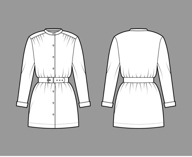 istock Belted blouse technical fashion illustration with long sleeves, stand collar, oversized, button up, enlarged hem. Flat 1302187216
