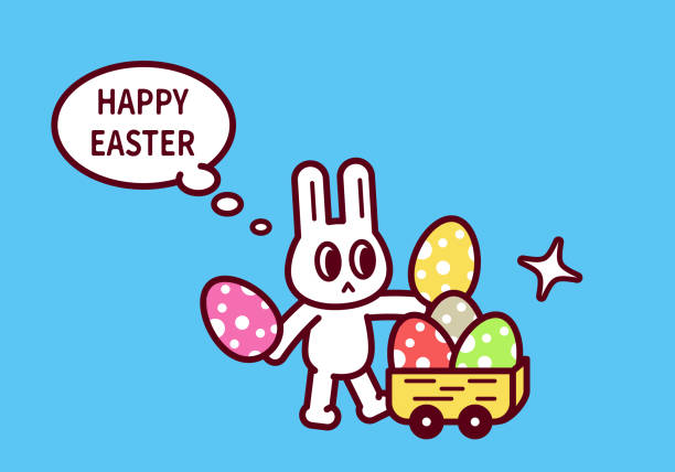 счастливая пасха, пасхальный кролик с пасхальными яйцами и тележкой - animal egg eggs food giving stock illustrations