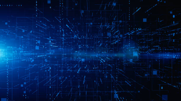 ciberespacio digital con partículas y conexiones de red de datos digitales. concepto de fondo abstracto digital de la tecnología de conexión de alta velocidad y análisis de datos. renderizado en 3d - universo holografico fotografías e imágenes de stock