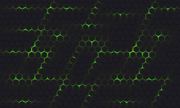 ciemnoszare i zielone tło wektorowe technologii. abstrakcyjna zielona jasna energia miga pod sześciokątem w ciemnym futurystycznym nowoczesnym tle wektorowym hi-tech. szara siatka tekstury o strukturze plastra miodu. - hexagon backgrounds mesh green stock illustrations