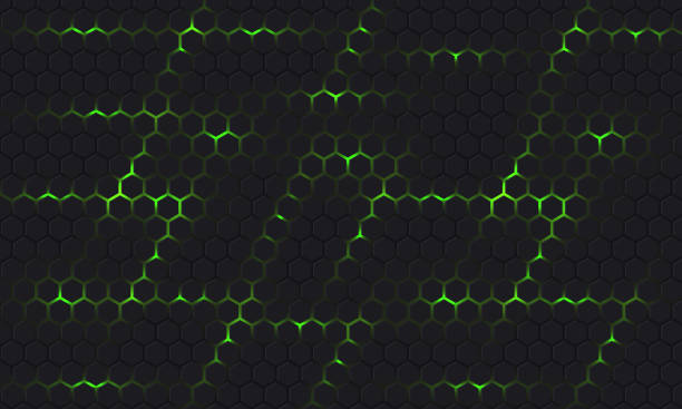 ilustrações de stock, clip art, desenhos animados e ícones de dark gray and green technology hexagonal vector background. abstract green bright energy flashes under hexagon in dark hi-tech futuristic modern vector background. gray honeycomb texture grid. - video game flash