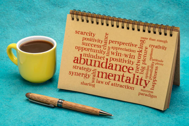 abundance mentality word cloud abundance mentality word cloud in a spiral notebook with a cup of coffee, positive mindset and win-win concept Abundance stock pictures, royalty-free photos & images