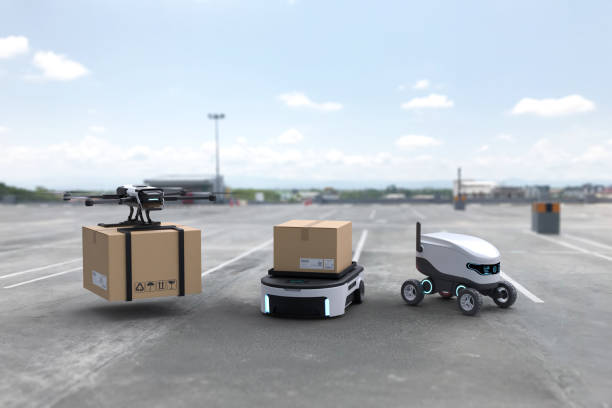 istock Autonomous delivery robot, Self-driving robot, Delivery drone, Business air transportation concept. 1302200904