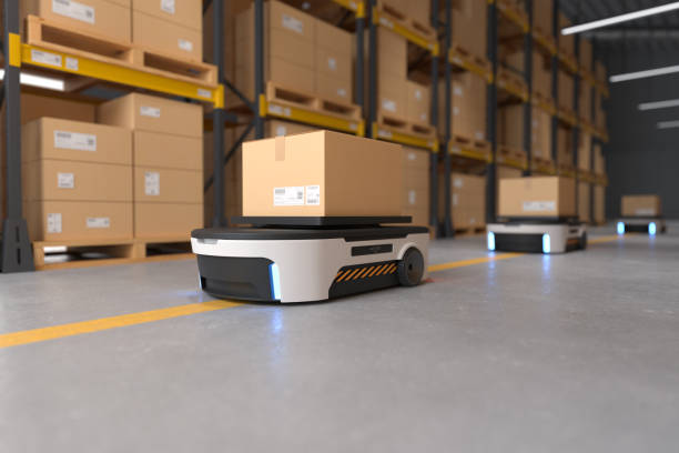 istock Autonomous Robot transportation in warehouses, Warehouse automation concept. 1302200961