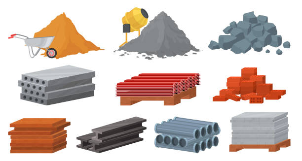 ilustrações de stock, clip art, desenhos animados e ícones de construction materials set, flat vector illustration. pile of sand cement stones bricks. gypsum blocks, metal roof, tile - rock vector stack heap