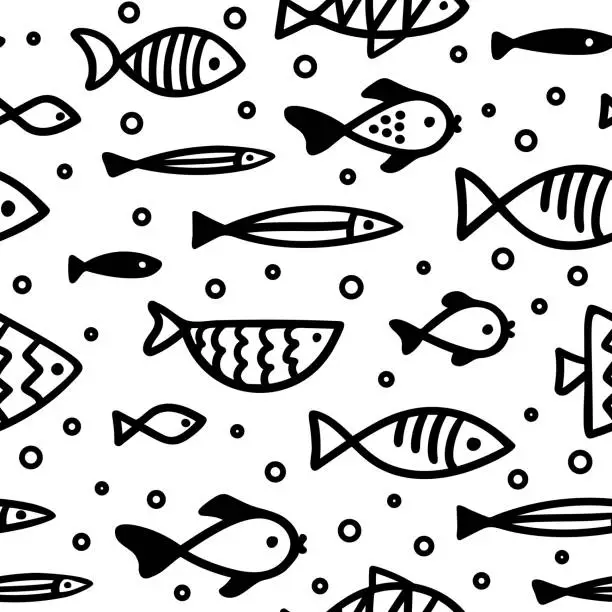 Vector illustration of Hand drawn seamless pattern with fish in doodle style. Stylized endless cartoon fishes and bubbles. A flock swims underwater. Black contour isolated on a white background. Vector illustration.