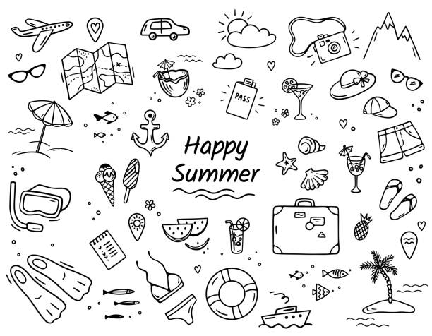 夏の旅行落書きアイコン。手描きの海のバケーションシンボル落書きセット。ビーチや旅行の要素:スーツケース、傘、水着、カクテル、アンカー、ヤシの木など白の上に隔離された黒。ベク - いたずら書き点のイラスト素材／クリップアート素材／マンガ素材／アイコン素材