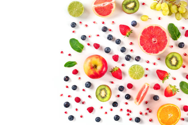 istock Fresh summer fruit design, a flat lay on a white background 1302204425