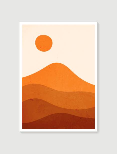 istock Mountain wall art. Vector earth tones landscapes backgrounds with moon and sun. Abstract arts design for wall framed prints, poster, cover, home decor, canvas prints, wallpaper. 1302205040