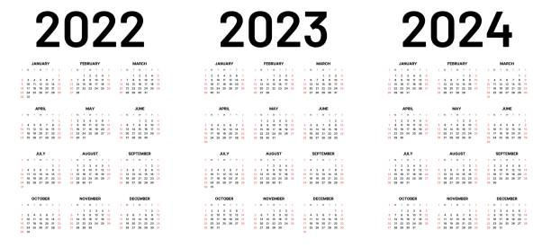 Monthly calendar for 2022, 2023 and 2024 years. Week Starts on Sunday. Monthly calendar template for 2022, 2023 and 2024 years. Week Starts on Sunday. Wall calendar in a minimalist style. 2024 stock illustrations