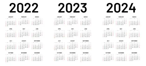 Vector illustration of Monthly calendar for 2022, 2023 and 2024 years. Week Starts on Sunday.