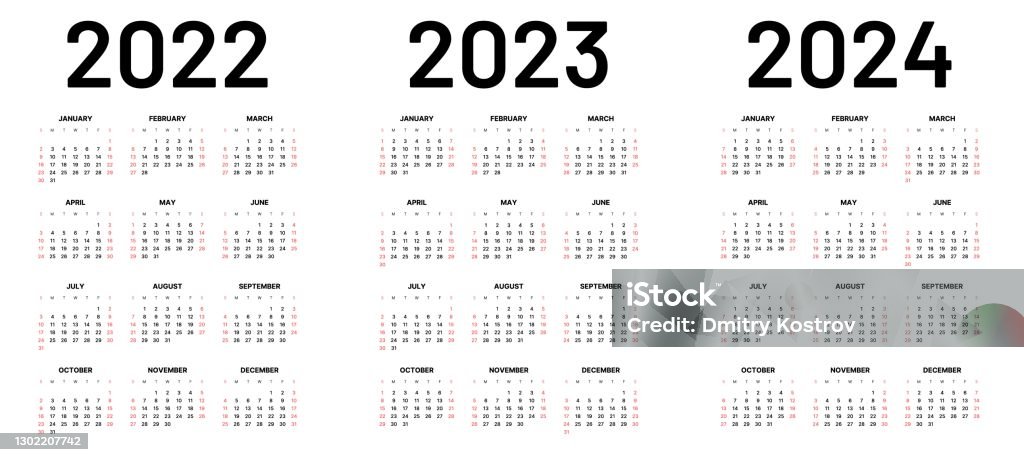 Lịch Tháng Cho Các Năm 2022 2023 Và 2024 Tuần Bắt Đầu Vào Chủ Nhật Hình  Minh Họa Sẵn Có - Tải Xuống Hình Ảnh Ngay Bây Giờ - Istock