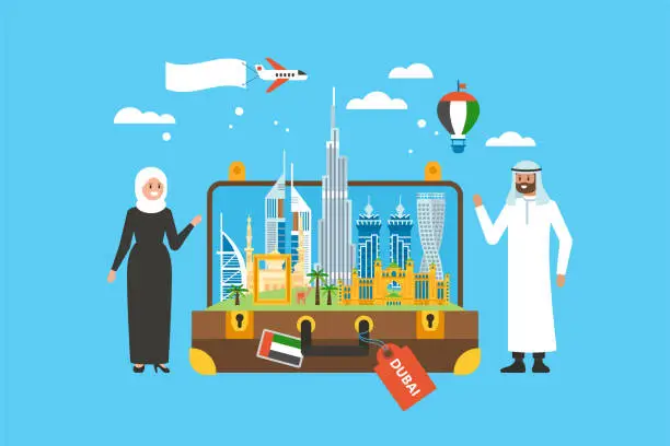 Vector illustration of Travel to Dubai concept with skyline, famous buildings landmark in suitcase and arab people characters