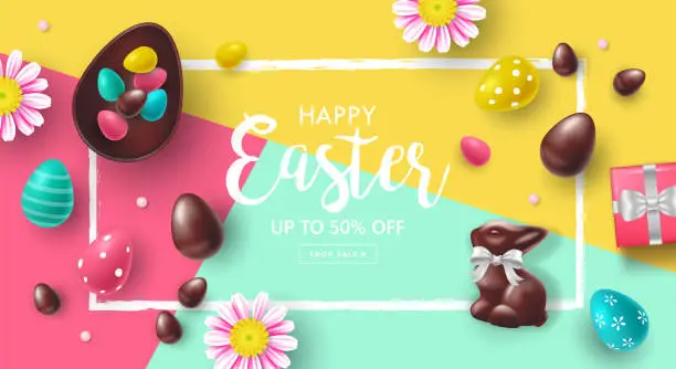 Vector illustration of Easter holiday sale banner design with chocolate bunny and Easter eggs. Template for poster, cards and advertising