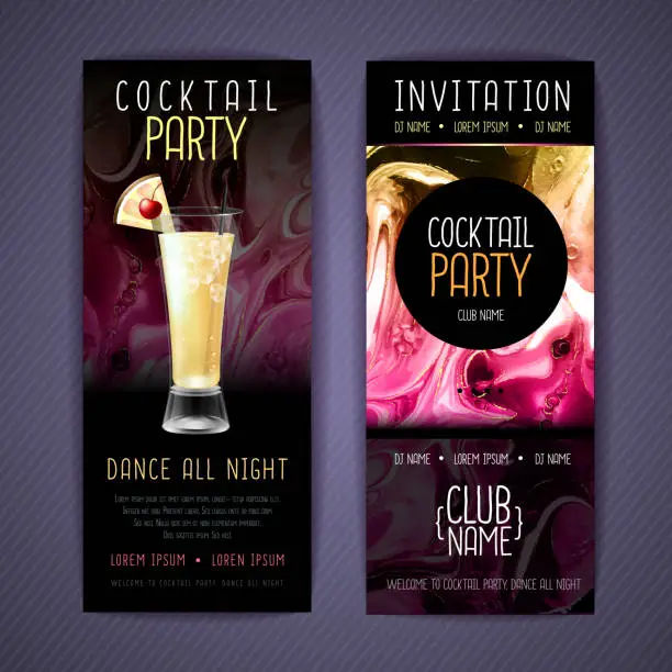 Vector illustration of Cocktail menu design with alcohol ink texture. Marble texture background. Pina colada