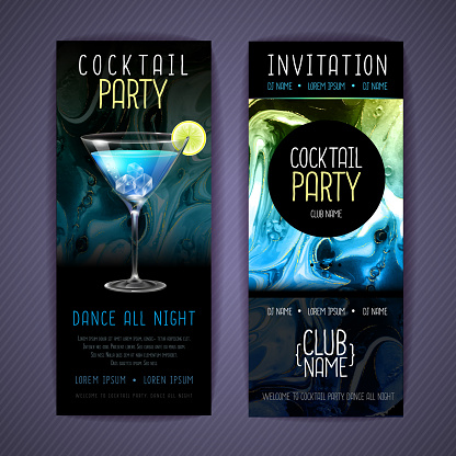 Cocktail menu design with alcohol ink texture. Marble texture background. Blue lagoon