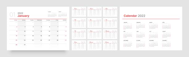 Calendar template for 2022 with week start on Sunday. Monthly calendar template for 2022 year. Week Starts on Sunday. Wall calendar in a minimalist style. kalender stock illustrations