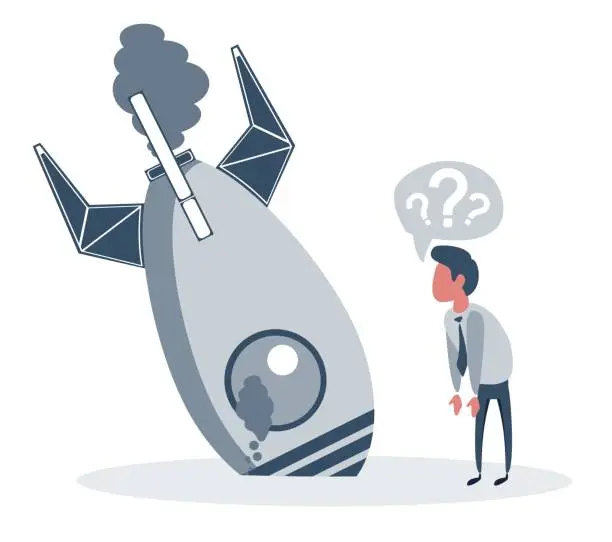 Vector illustration of Businessman with plan and rocket crashed. Business failure, the rocket fall down