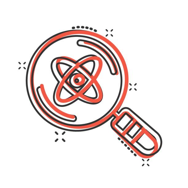 istock Science magnifier icon in comic style. Virus search cartoon vector illustration on white isolated background. Chemistry dna splash effect business concept. 1302210333