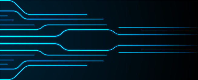 Glowing blue neon circuit board lines abstract banner design. Technology vector background