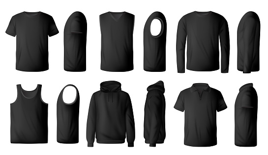 Mens t-shirt, pullover and hoodie realistic mockup