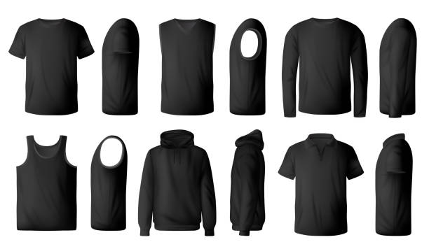 Mens t-shirt, pullover and hoodie realistic mockup Mens black t-shirt, pullover and hoodie realistic mockup. Polo collar and crew neck t-shirts, singlet, sleeveless pullover and sweatshirt front, side view 3d vector. Modern men casual clothing mock-up sleeve stock illustrations