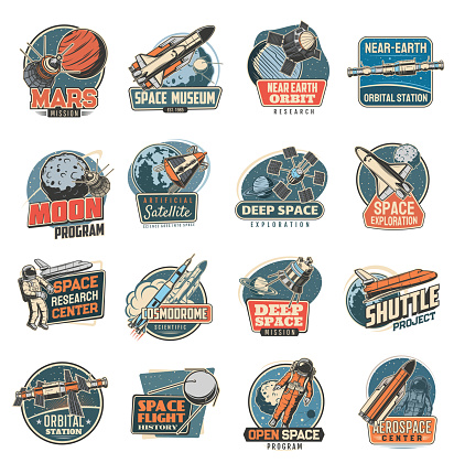 Space vector retro icons mars mission, space museum and near earth orbital station, moon program, artificial satellite and deep space exploration. Research center, cosmodrome and shuttle project set