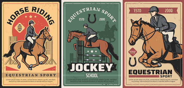 Equestrian sport, horse riding and race on hippodrome vintage posters. Vector professional ride, elite jockey school. Horseback riding sports grunge retro cards with rider and lucky horseshoe set